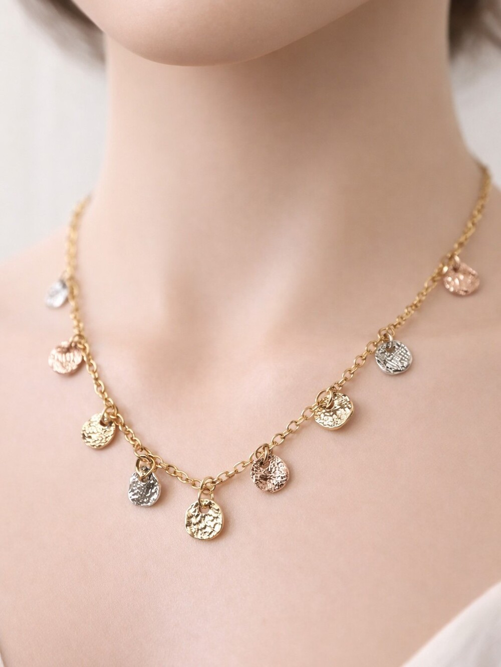 Textured Triple-Tone Metal Disc Charm Drop Necklace - stylish Women - 34" Long